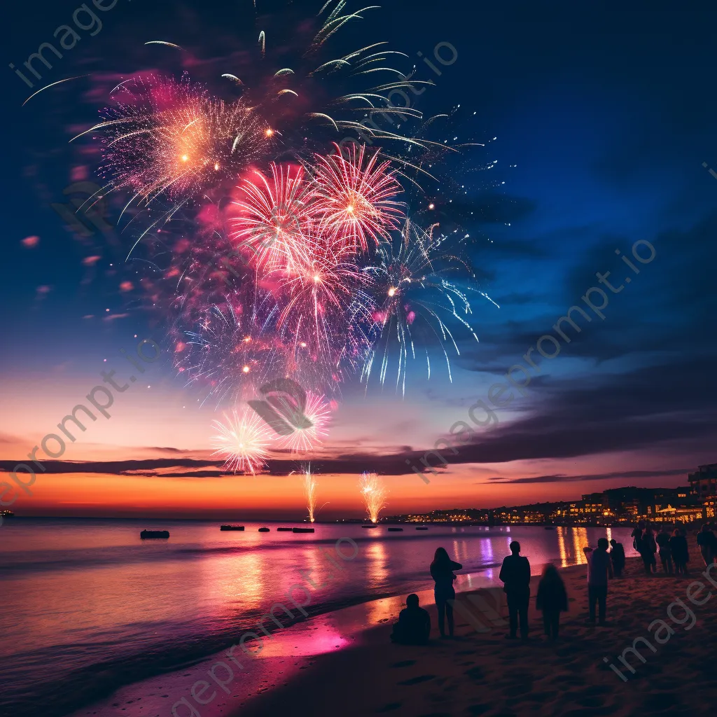 Fireworks lighting up a beach with people silhouetted watching the New Year