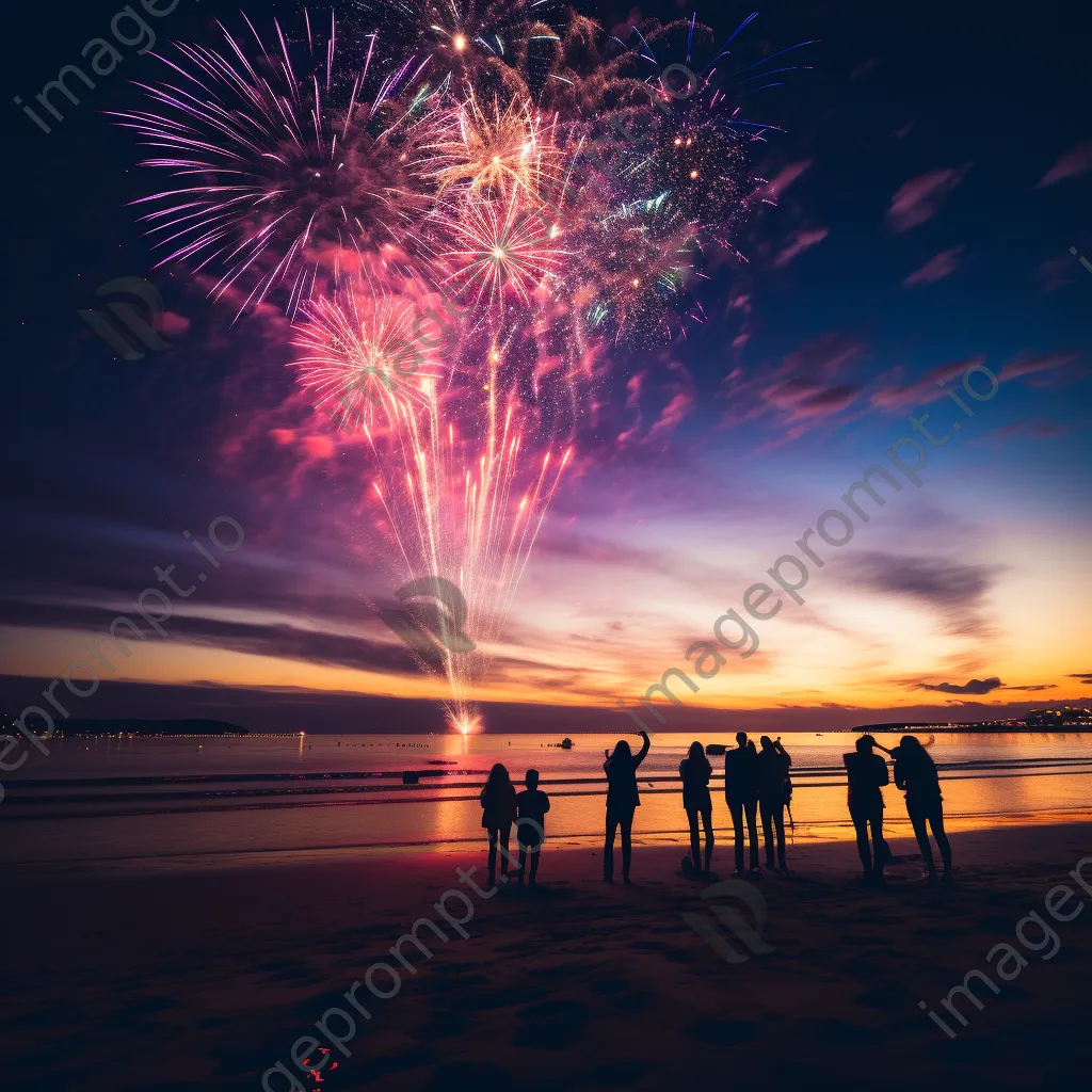 Fireworks lighting up a beach with people silhouetted watching the New Year