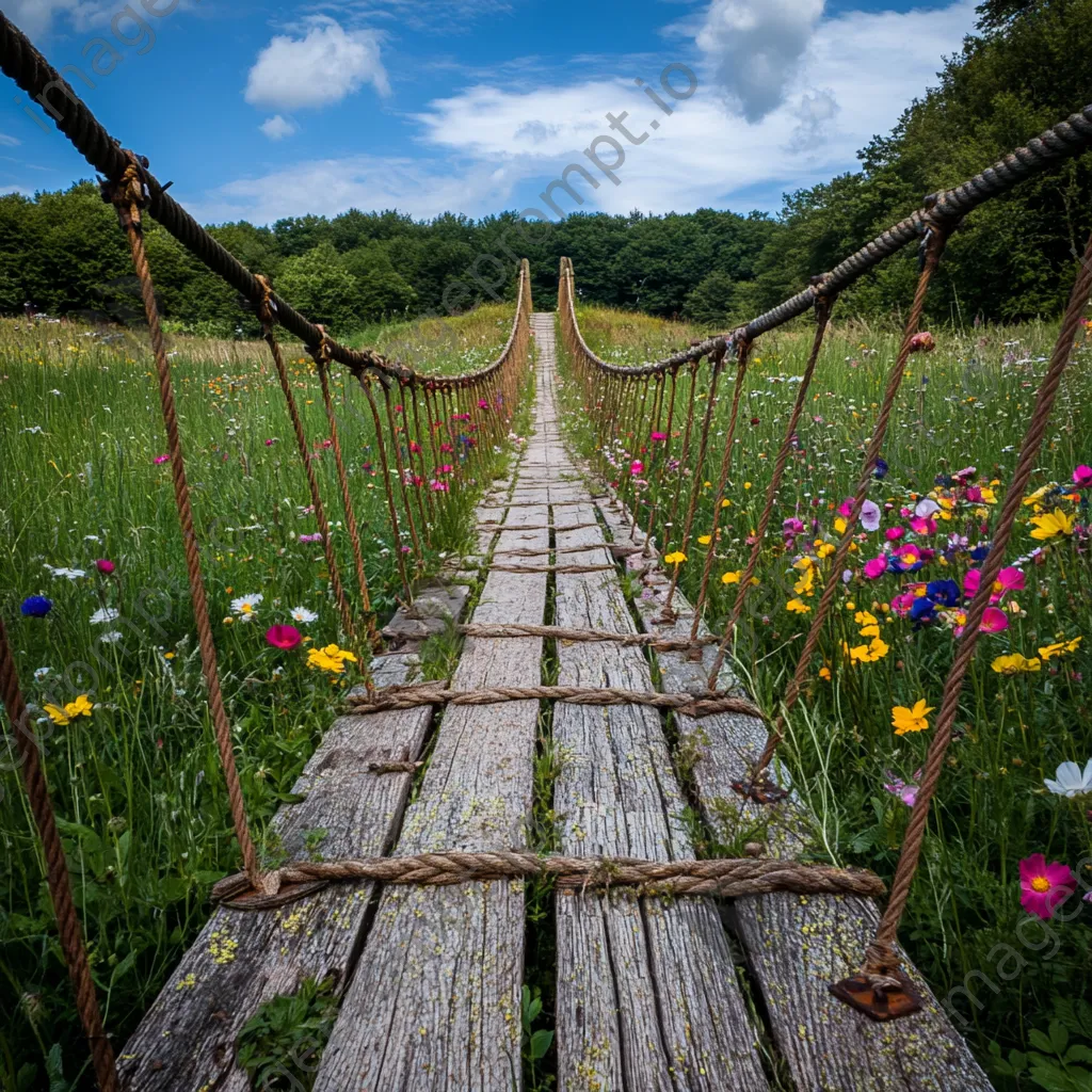 Weathered rope bridge in spring wildflowers - Image 1