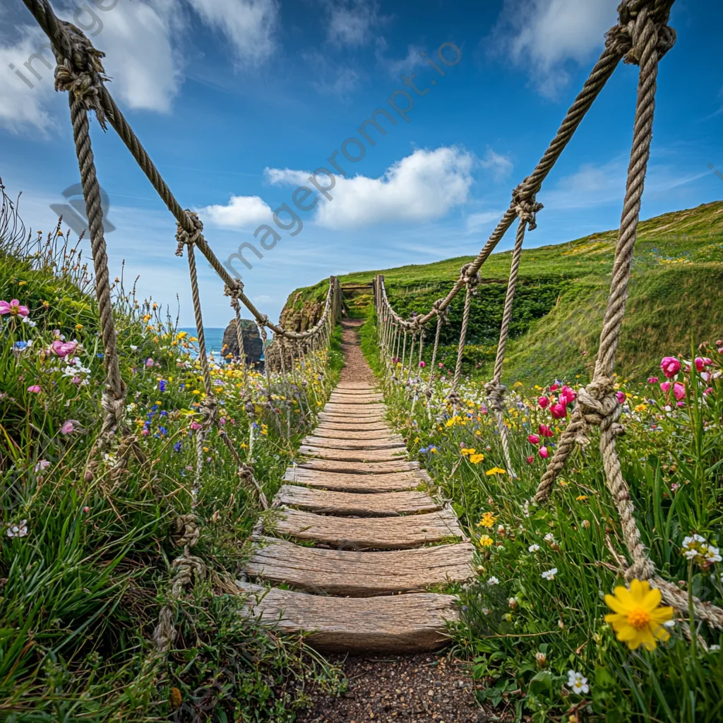 Weathered rope bridge in spring wildflowers - Image 3