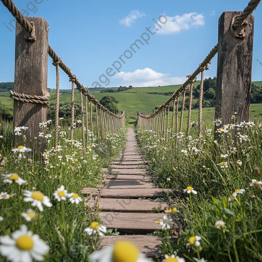 Weathered rope bridge in spring wildflowers - Image 4