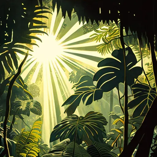 Illustration of a tropical rainforest with sunlight filtering through the canopy - Image 4