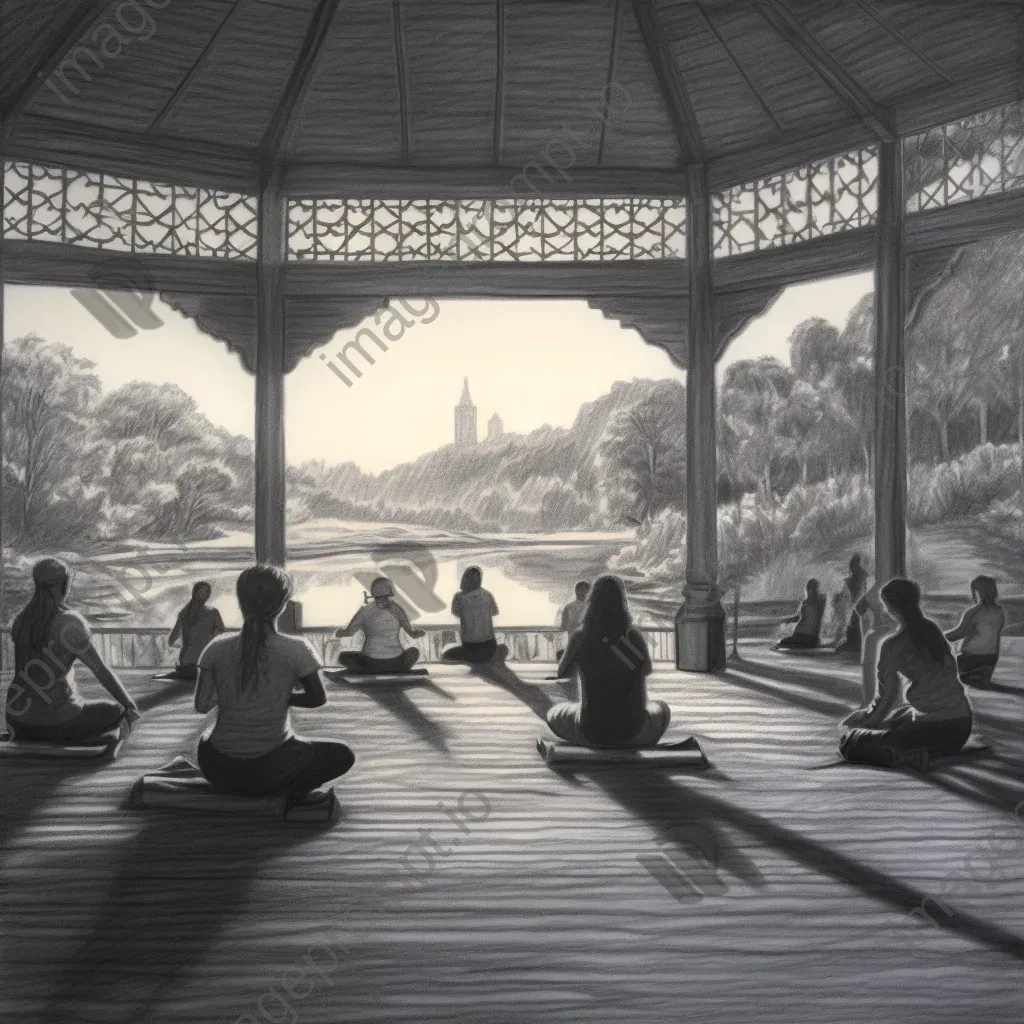 Yoga practice at sunrise captured in a delicate charcoal sketch - Image 1