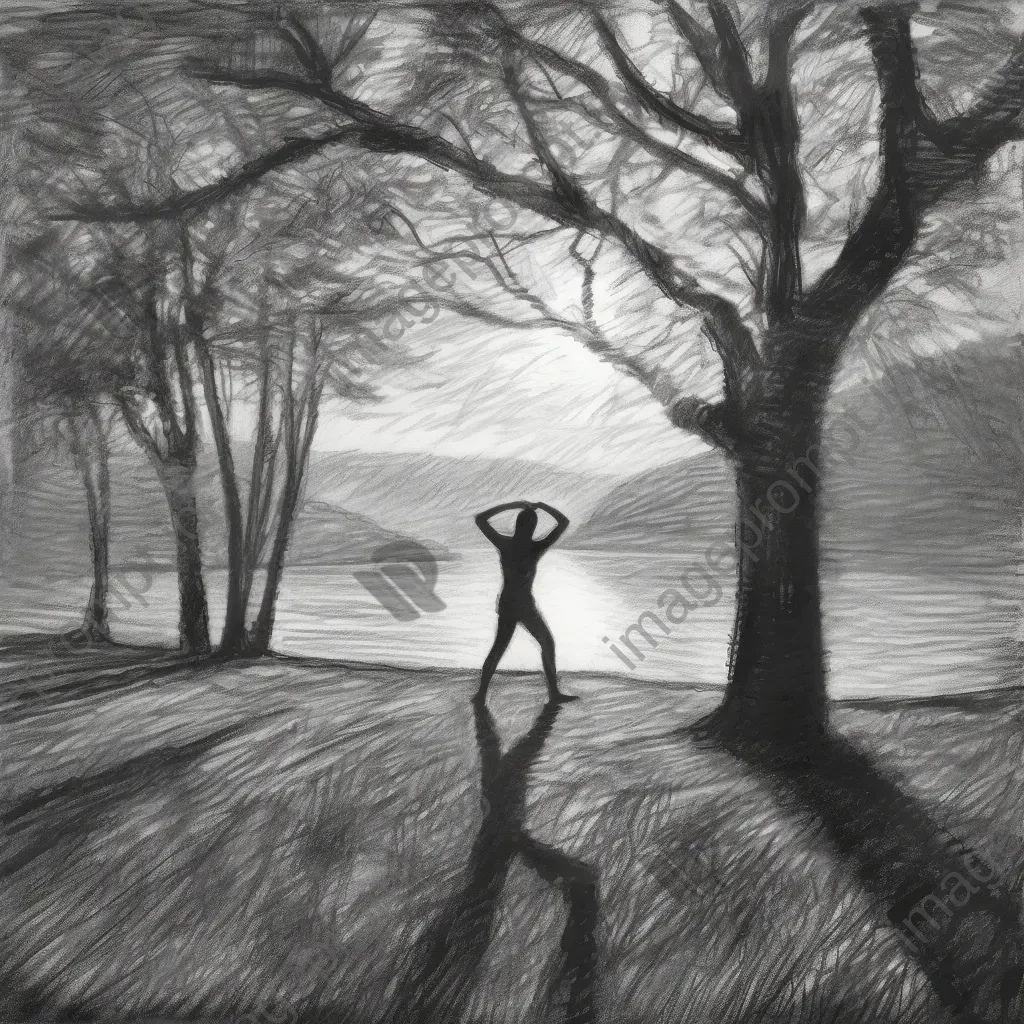 Yoga practice at sunrise captured in a delicate charcoal sketch - Image 2