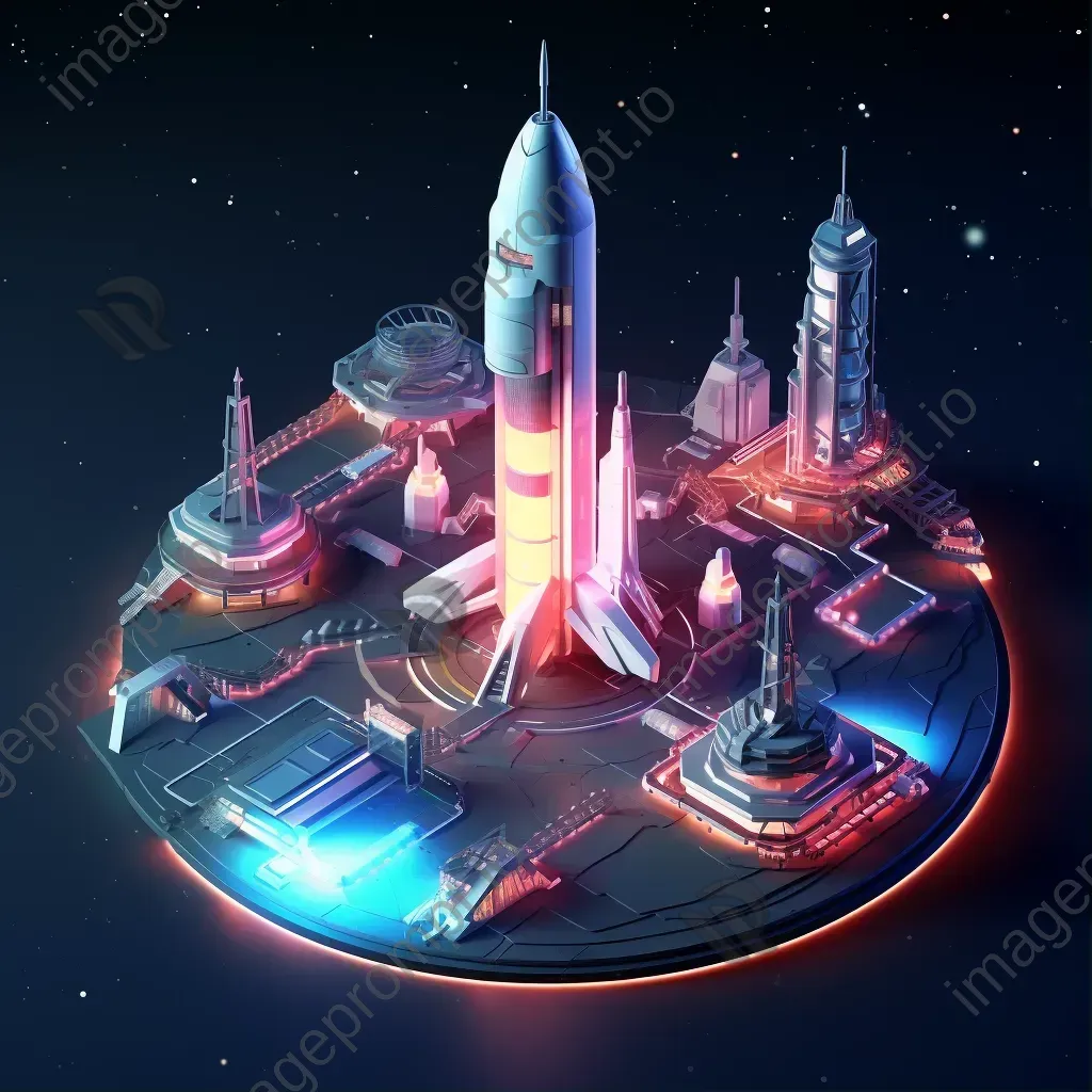 Isometric view of a low poly spaceport with launching rockets - Image 1