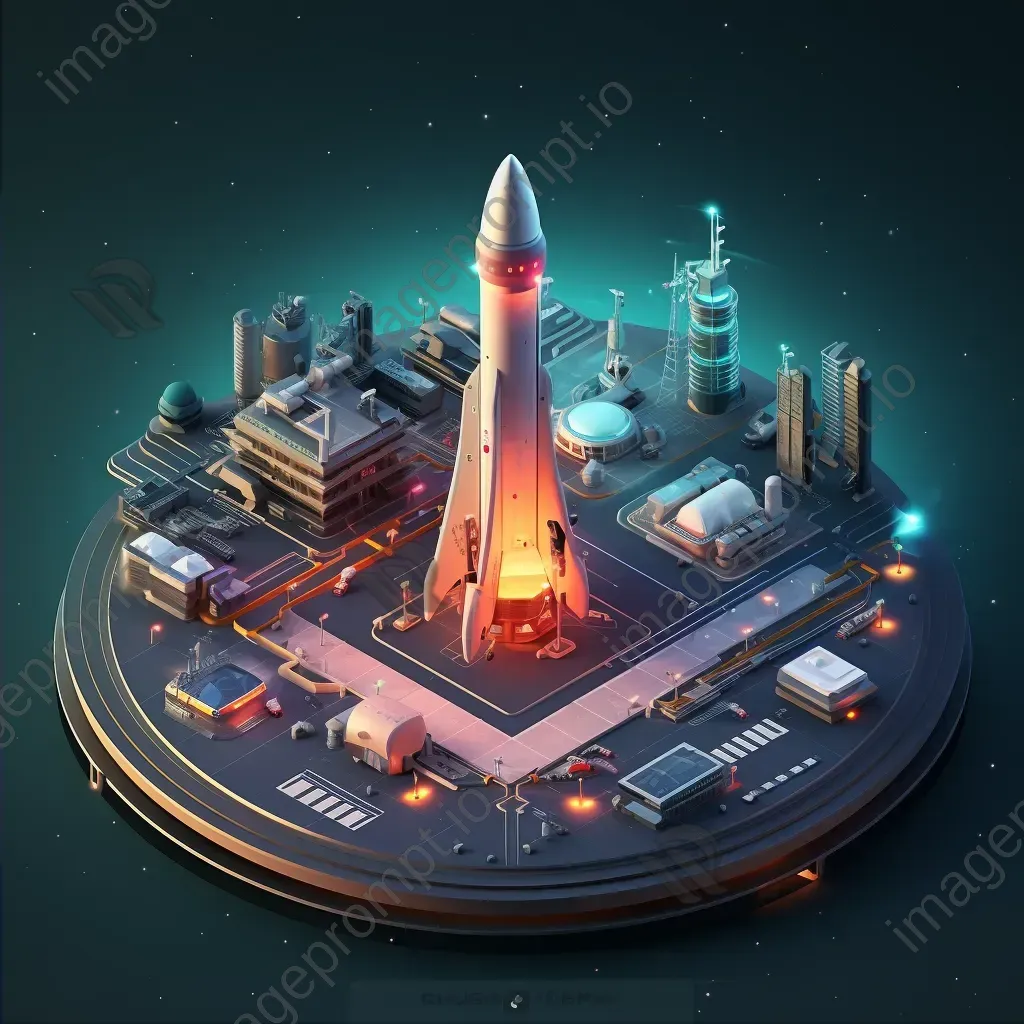 Isometric view of a low poly spaceport with launching rockets - Image 2