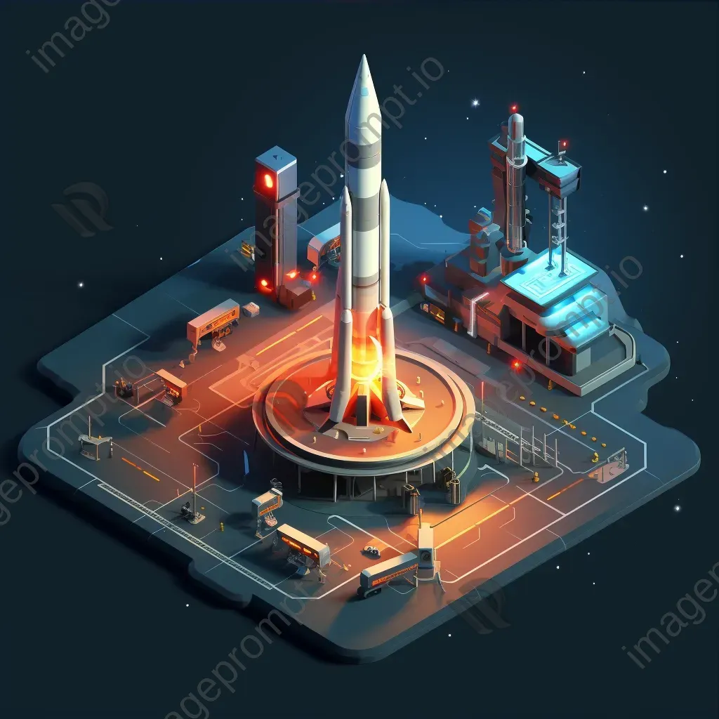 Isometric view of a low poly spaceport with launching rockets - Image 3