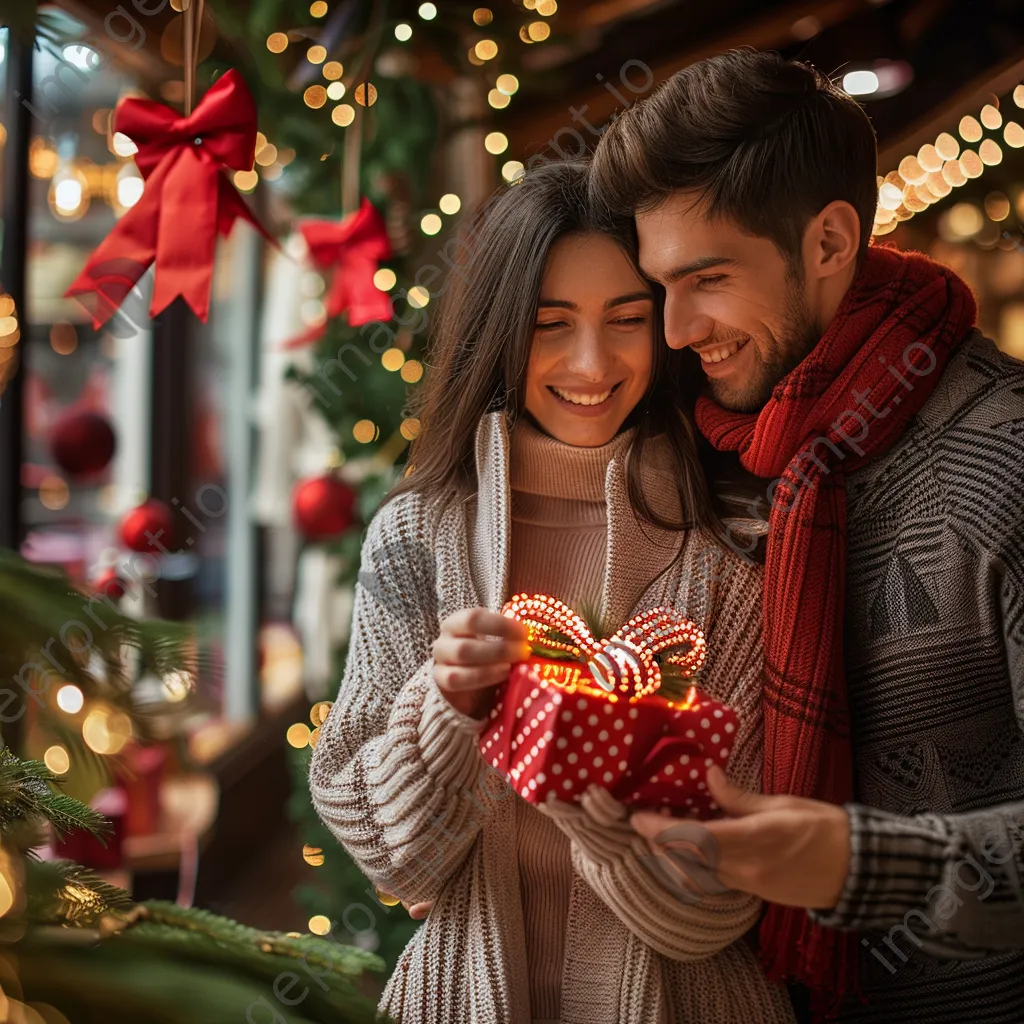 A couple joyfully discussing holiday gifts in a decorated store. - Image 1