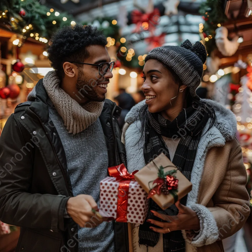 A couple joyfully discussing holiday gifts in a decorated store. - Image 4