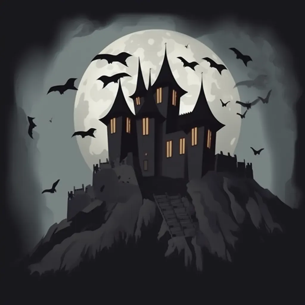 Spooky haunted castle on hilltop, bats, stormy sky Halloween logo - Image 2