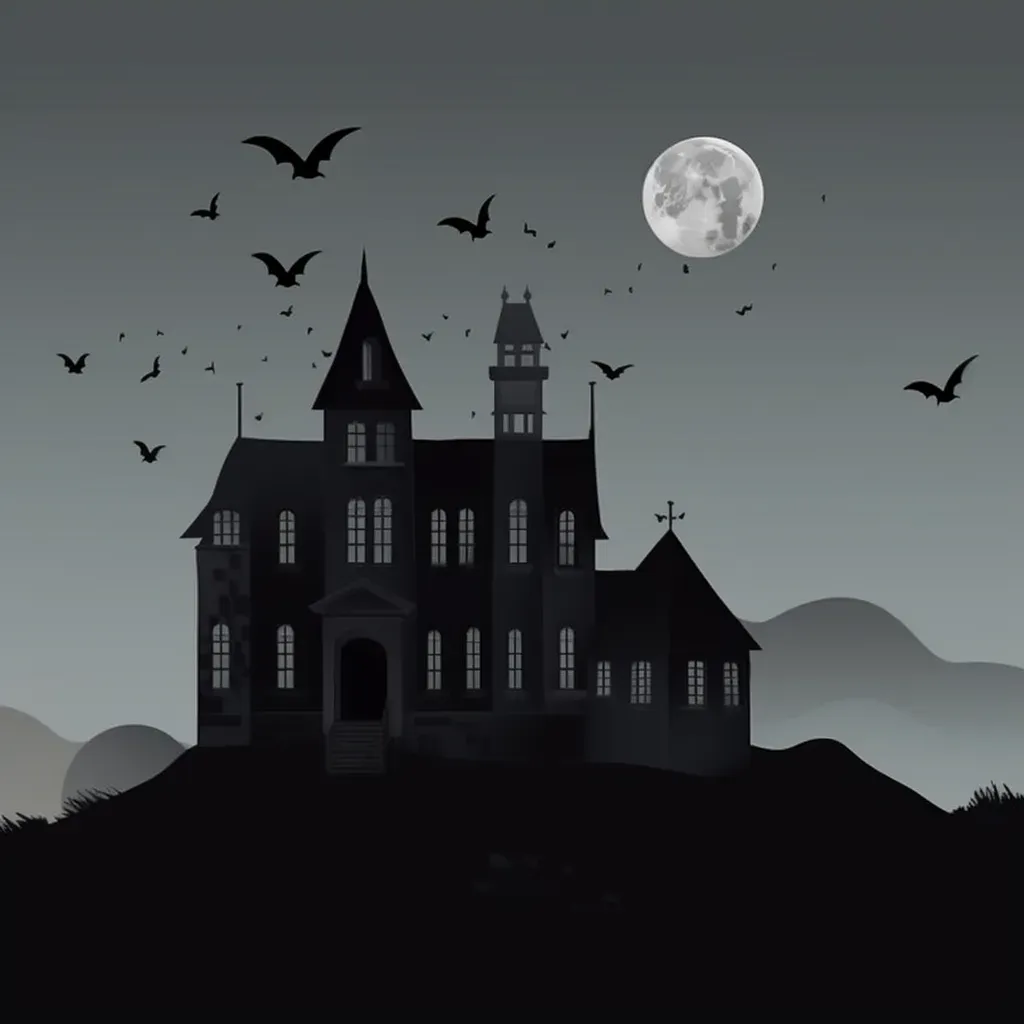 Spooky haunted castle on hilltop, bats, stormy sky Halloween logo - Image 3