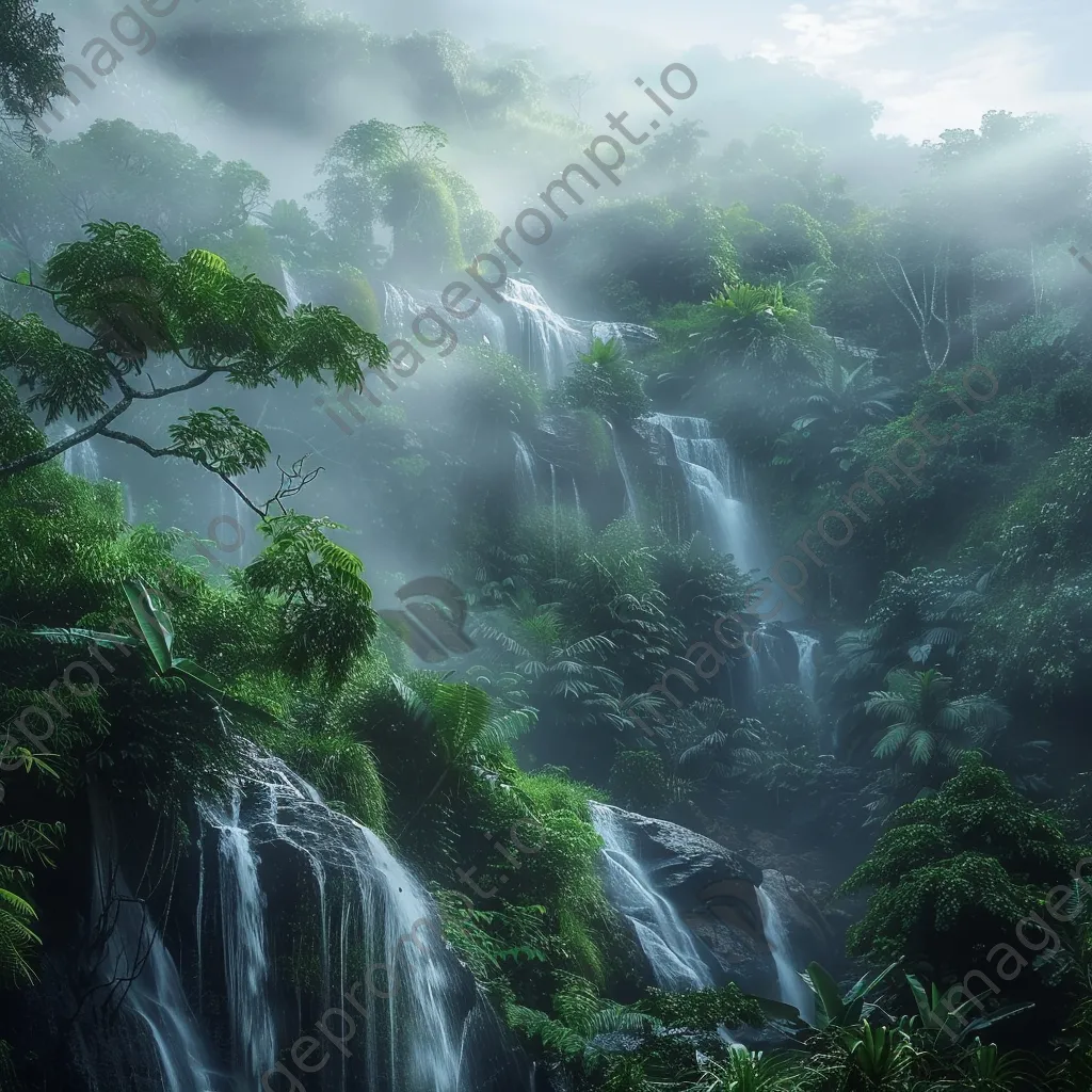 Misty rainforest with waterfalls and diverse plants in morning light - Image 1