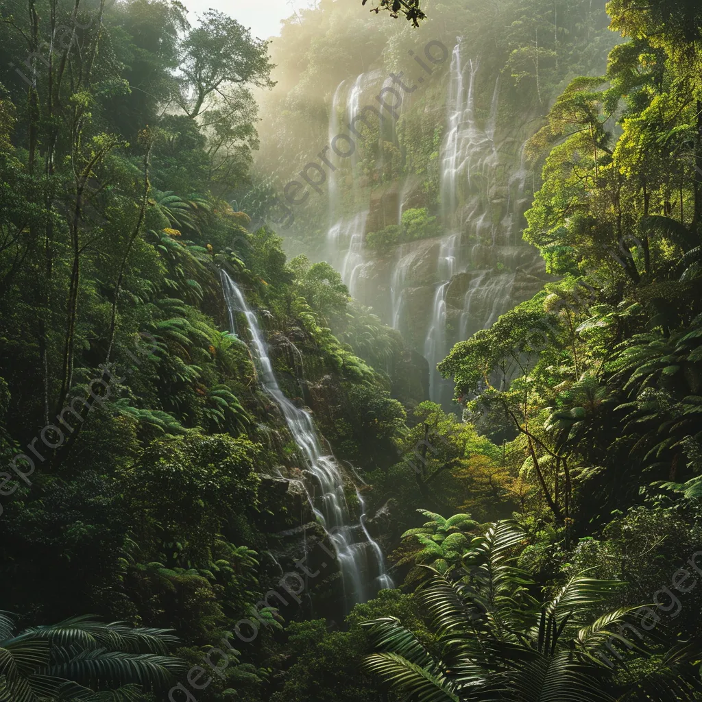 Misty rainforest with waterfalls and diverse plants in morning light - Image 3