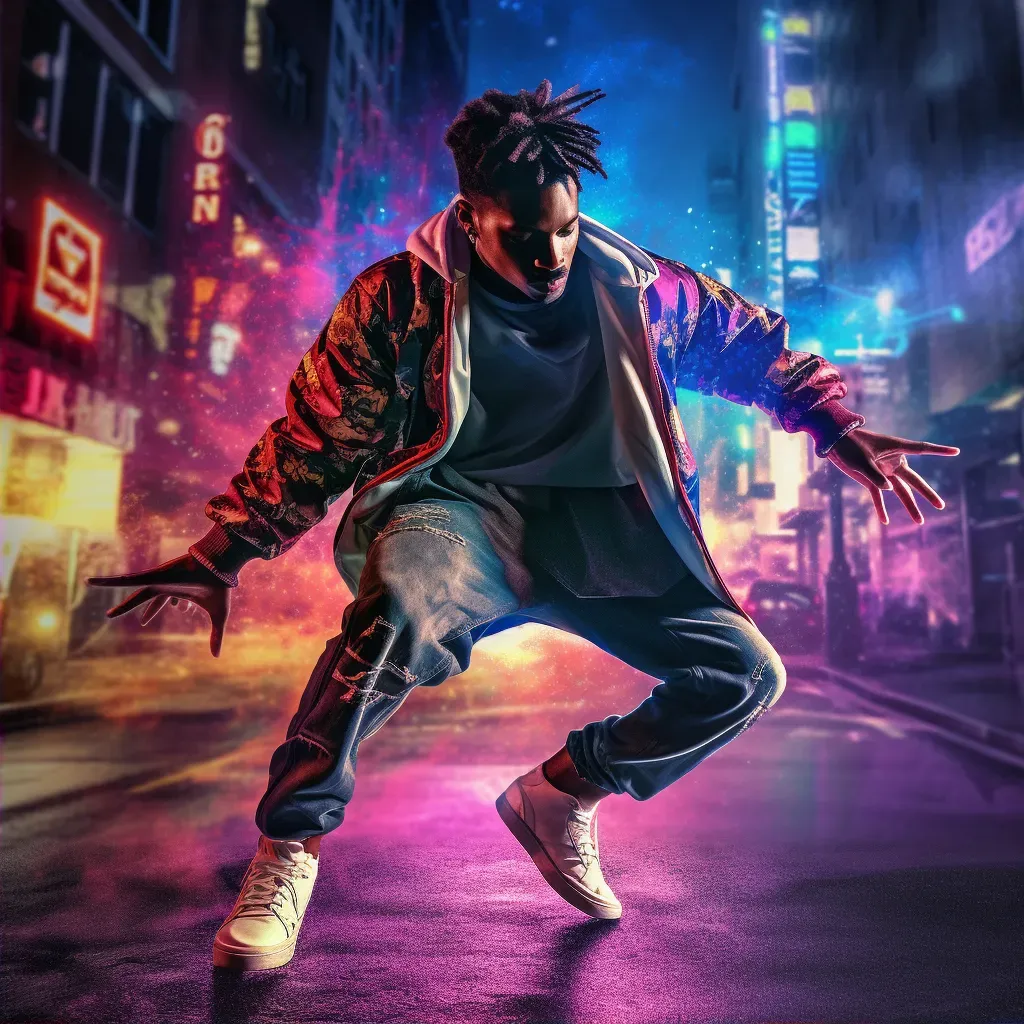 Hip-Hop dancer in baggy streetwear under neon lights - Image 2