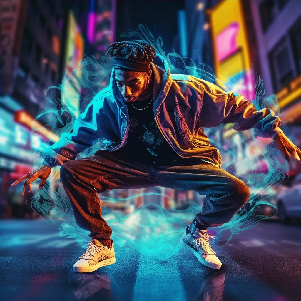 Hip-Hop dancer in baggy streetwear under neon lights - Image 4