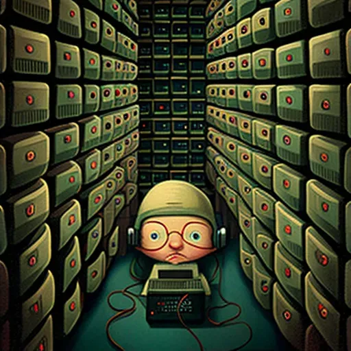 Lonely cubicle worker surrounded by towering stacks of data servers - Image 2