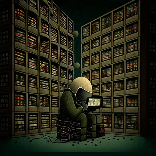 Lonely cubicle worker surrounded by towering stacks of data servers - Image 4