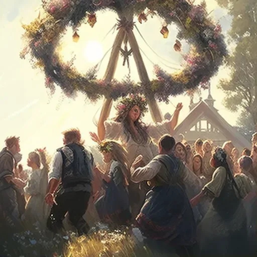 Illustration of a Scandinavian Midsummer festival with people dancing around a flower-decorated maypole in the afternoon sun - Image 1