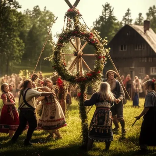 Illustration of a Scandinavian Midsummer festival with people dancing around a flower-decorated maypole in the afternoon sun - Image 2