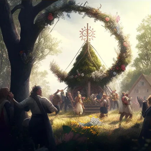 Illustration of a Scandinavian Midsummer festival with people dancing around a flower-decorated maypole in the afternoon sun - Image 3