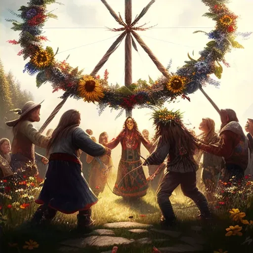 Illustration of a Scandinavian Midsummer festival with people dancing around a flower-decorated maypole in the afternoon sun - Image 4