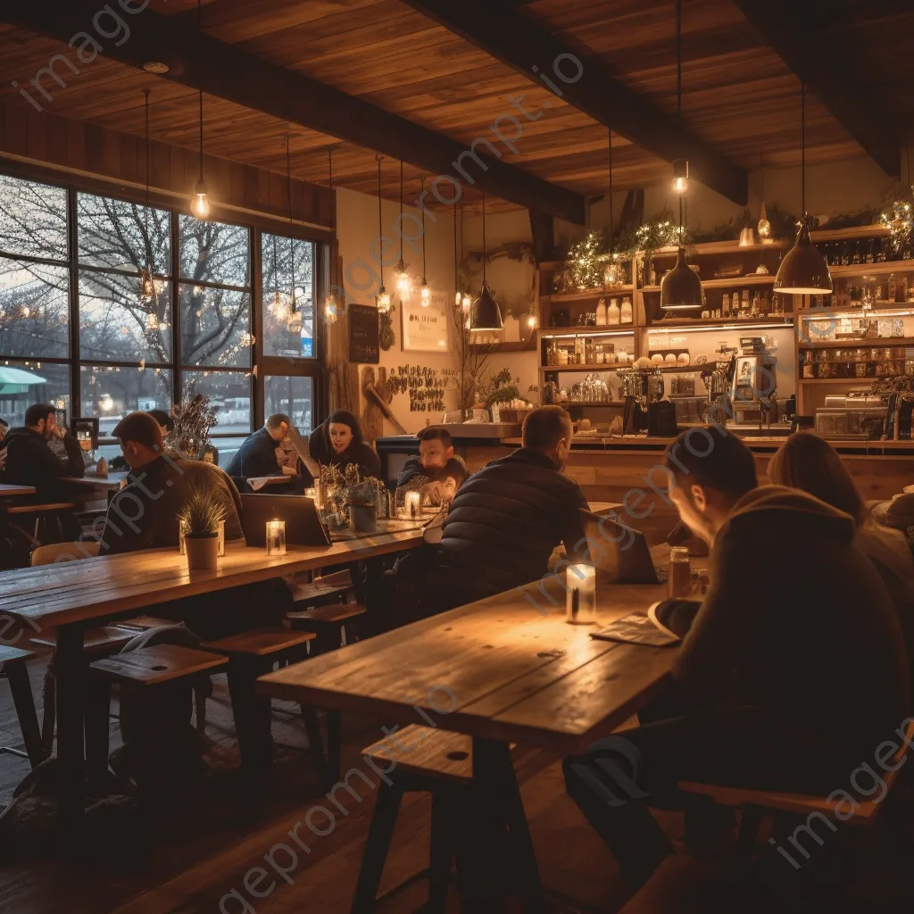 Interior of a cozy coffee shop with wooden tables and warm lighting. - Image 1