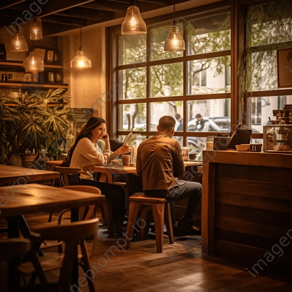 Interior of a cozy coffee shop with wooden tables and warm lighting. - Image 2