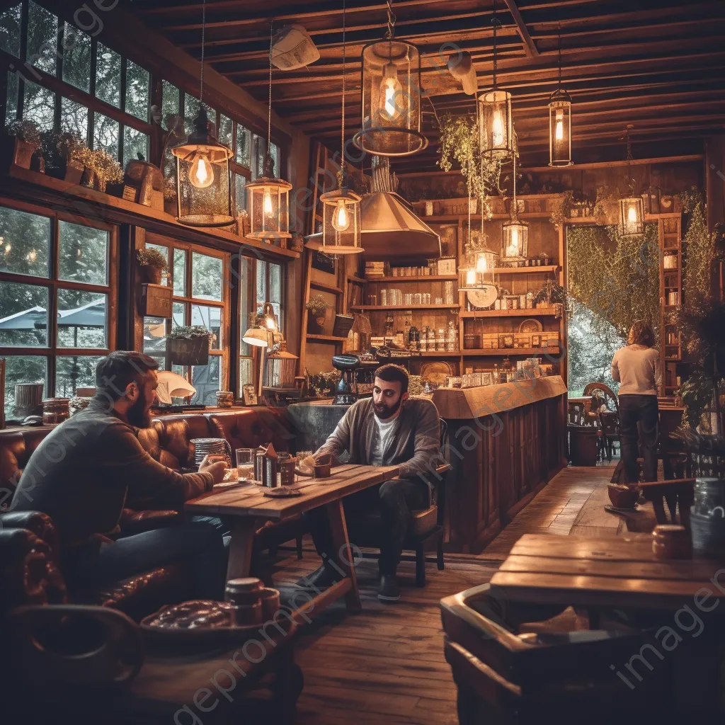 Interior of a cozy coffee shop with wooden tables and warm lighting. - Image 3