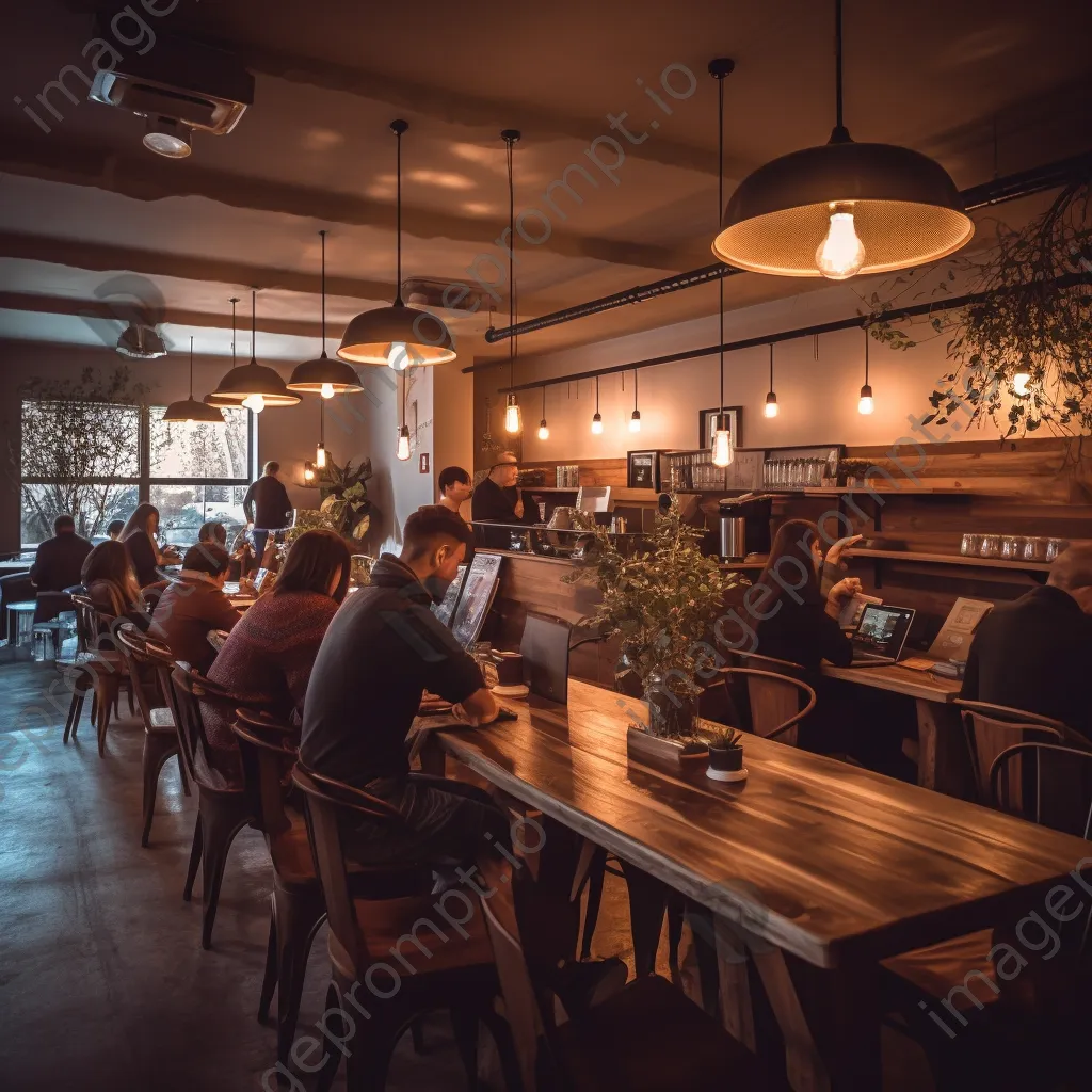 Interior of a cozy coffee shop with wooden tables and warm lighting. - Image 4