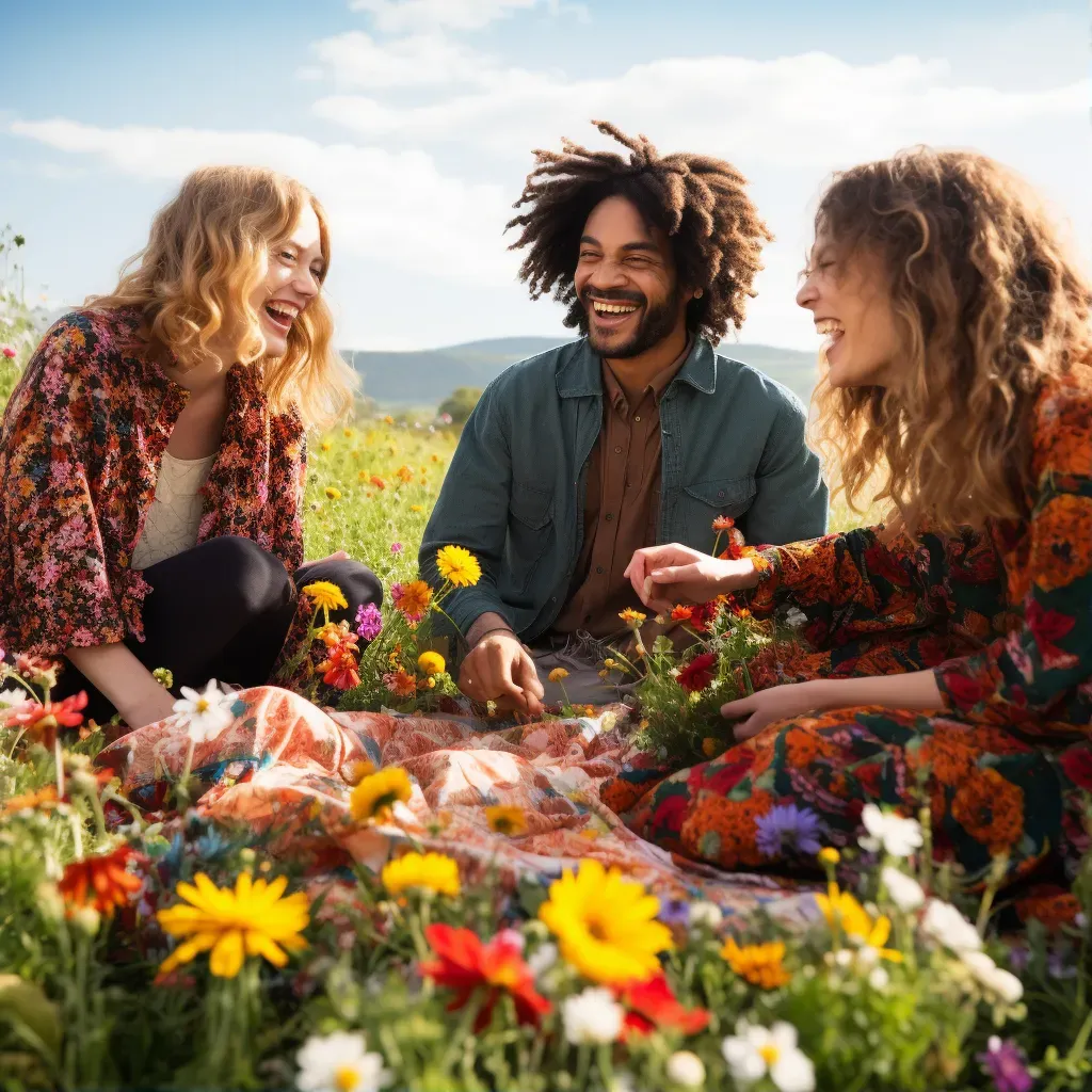 Group of friends enjoying a picnic in a sunlit meadow. - Image 1