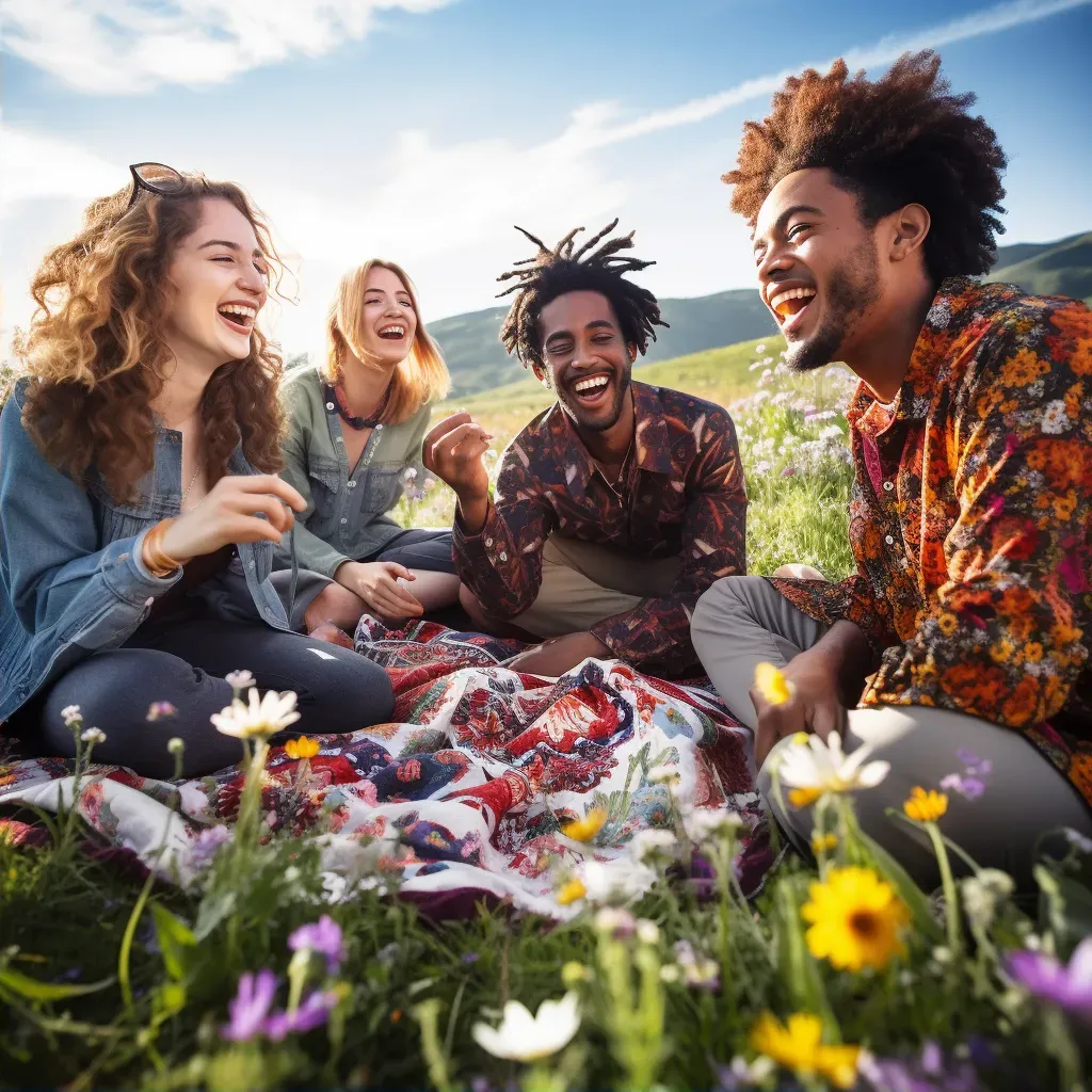 Group of friends enjoying a picnic in a sunlit meadow. - Image 2