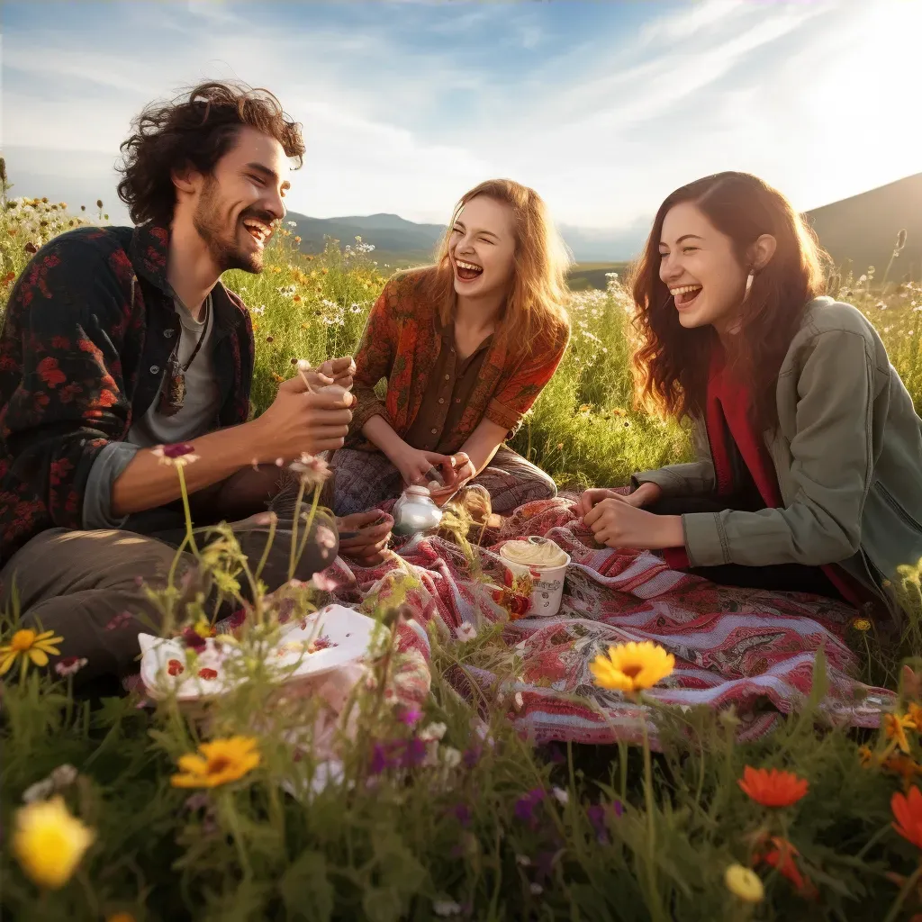 Group of friends enjoying a picnic in a sunlit meadow. - Image 4