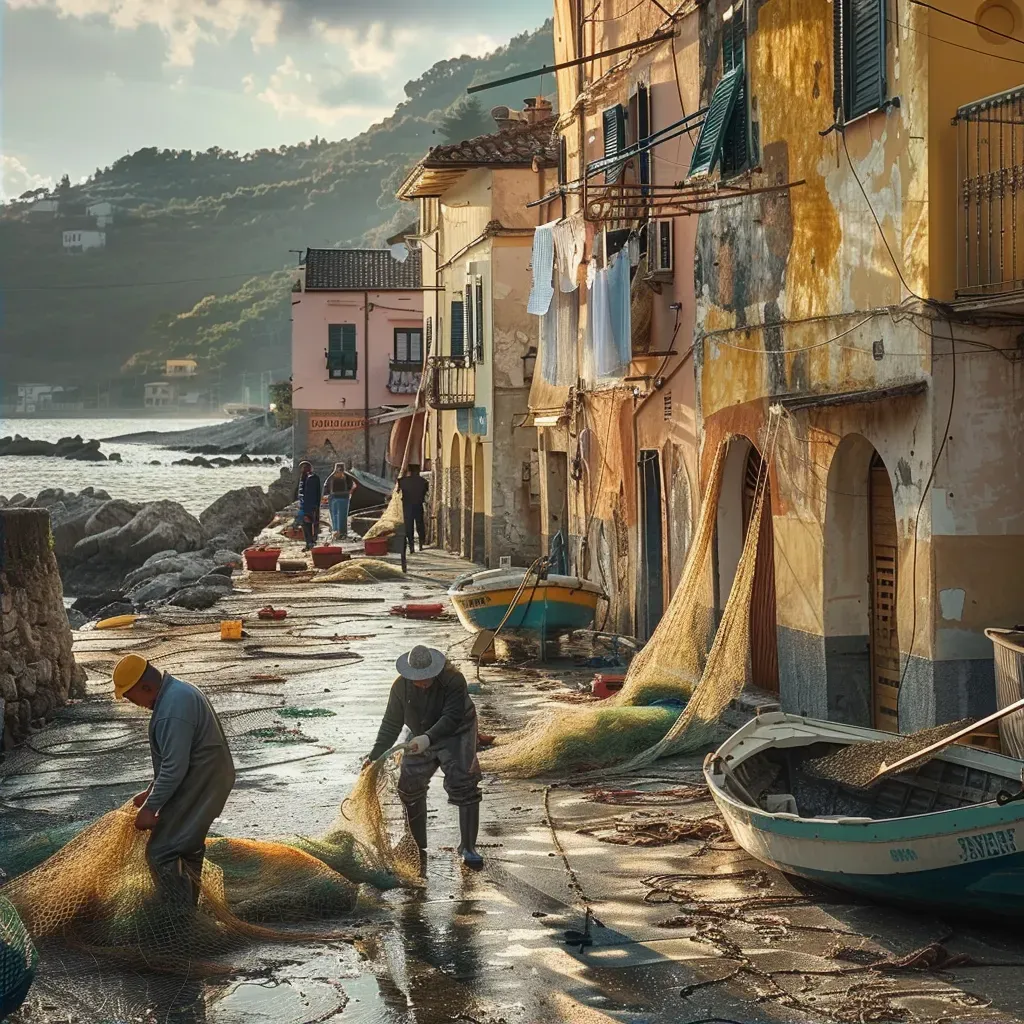 Seaside fishing village with fishermen repairing nets and boats - Image 2