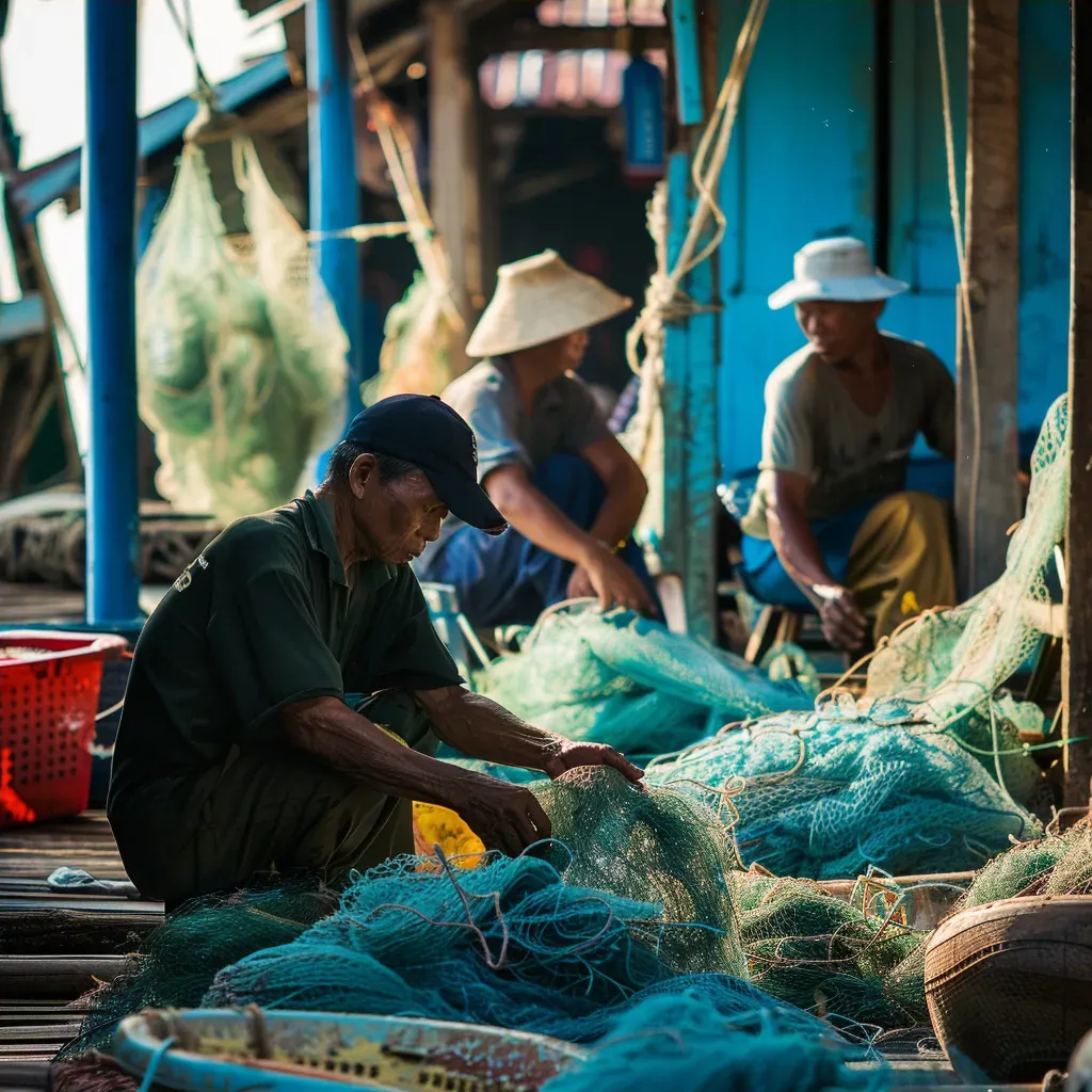 Seaside fishing village with fishermen repairing nets and boats - Image 4