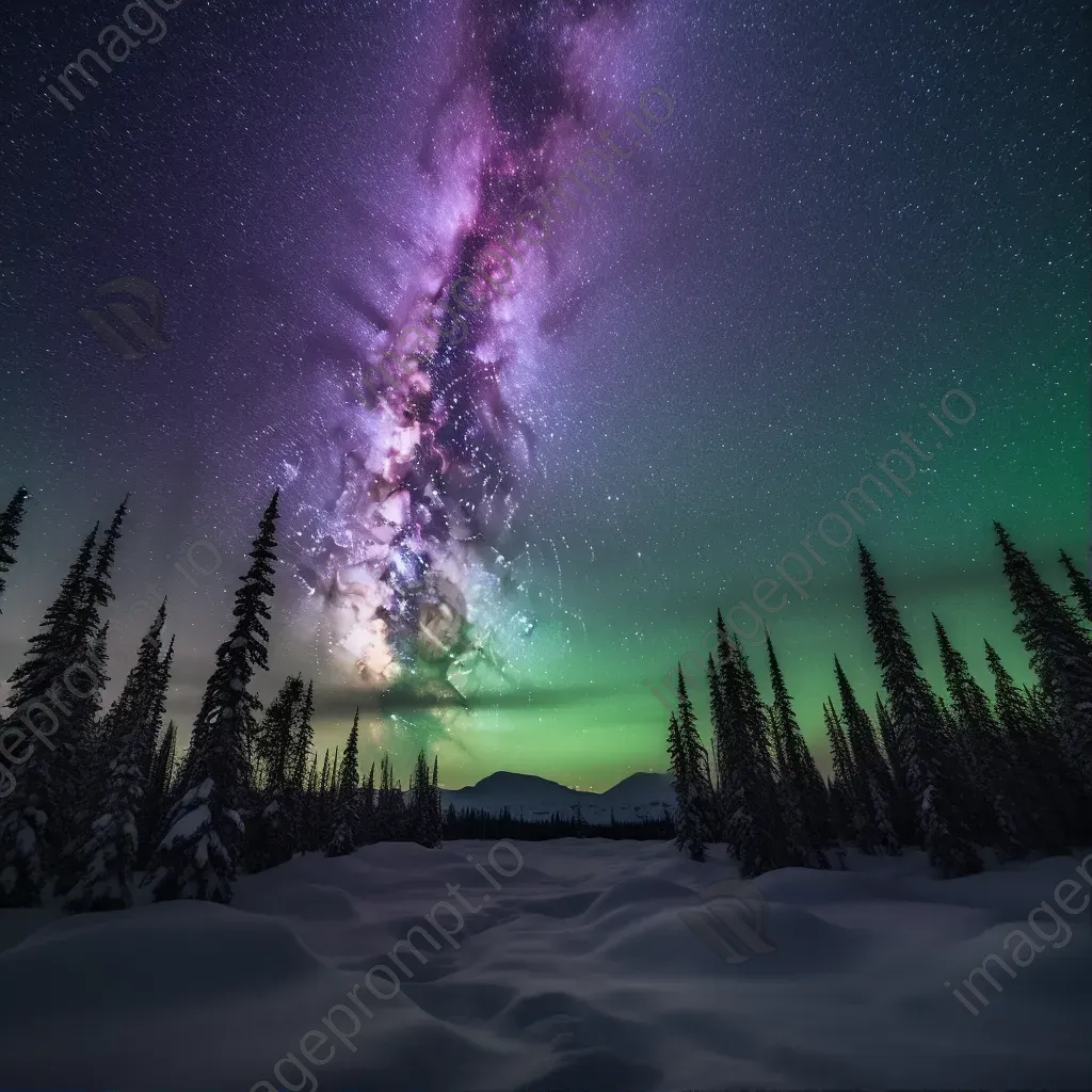 Milky Way galaxy with aurora borealis and snowy landscape - Image 1