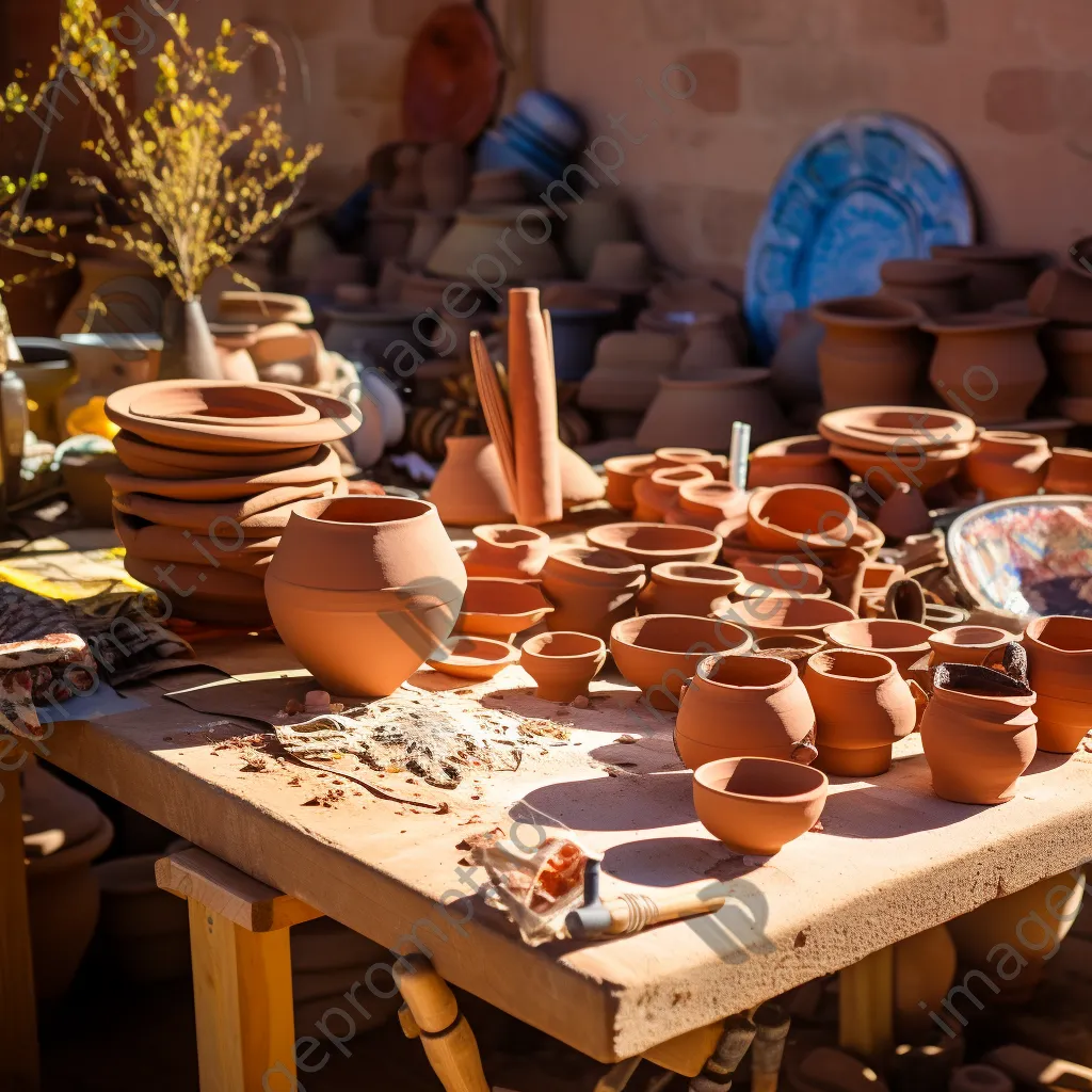 Assorted clay pots drying on a table outdoors - Image 1