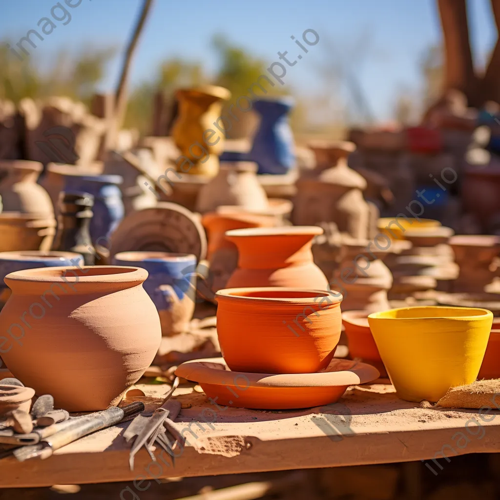 Assorted clay pots drying on a table outdoors - Image 2