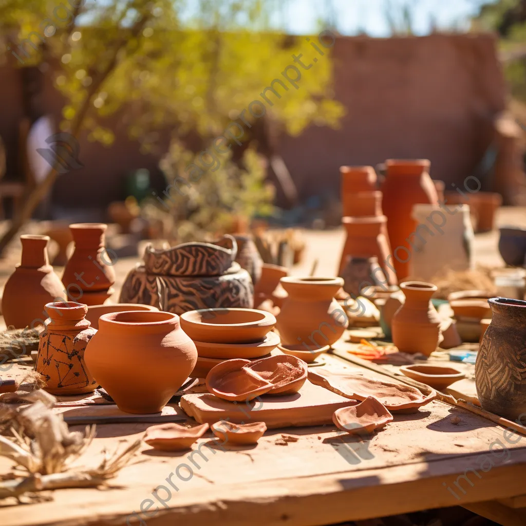 Assorted clay pots drying on a table outdoors - Image 4