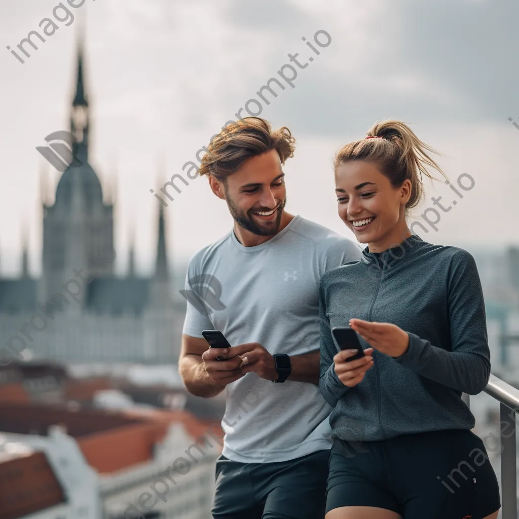 Young couple exploring city using smart fitness trackers - Image 1