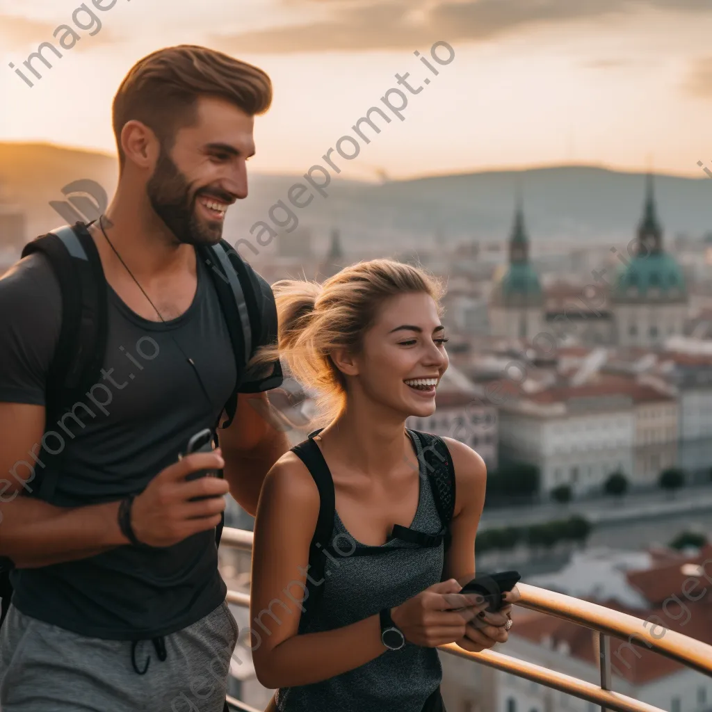 Young couple exploring city using smart fitness trackers - Image 3