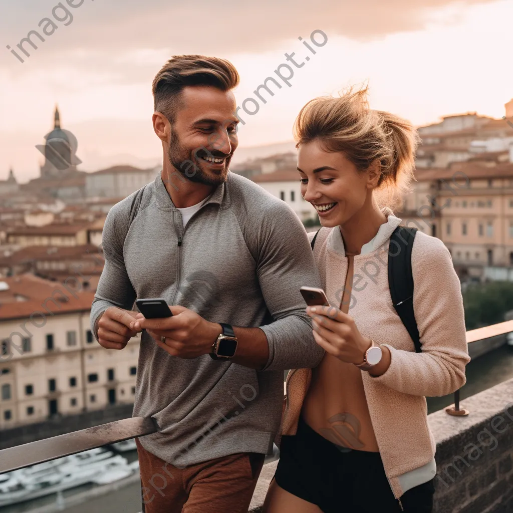 Young couple exploring city using smart fitness trackers - Image 4