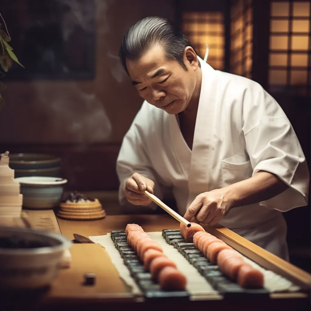 Traditional sushi chef crafting sushi rolls in a Japanese restaurant. - Image 1