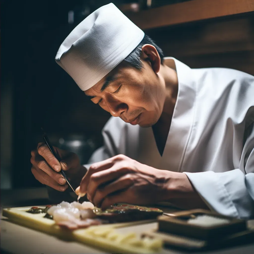 Traditional sushi chef crafting sushi rolls in a Japanese restaurant. - Image 2