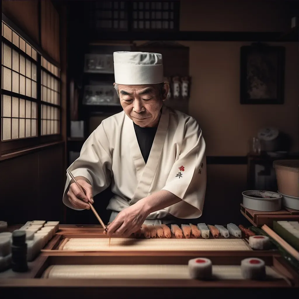 Traditional sushi chef crafting sushi rolls in a Japanese restaurant. - Image 3