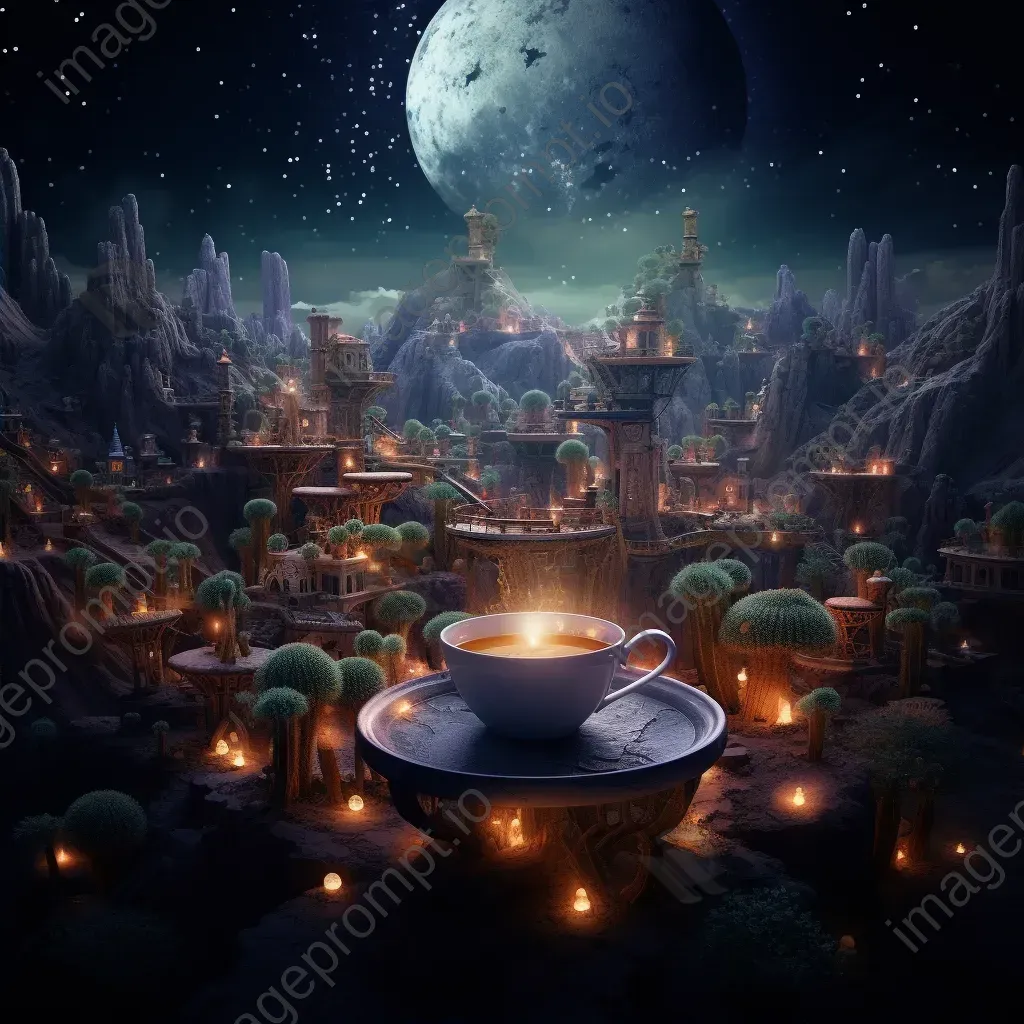 Surreal desert landscape with mist and floating teacups under starry sky - Image 2