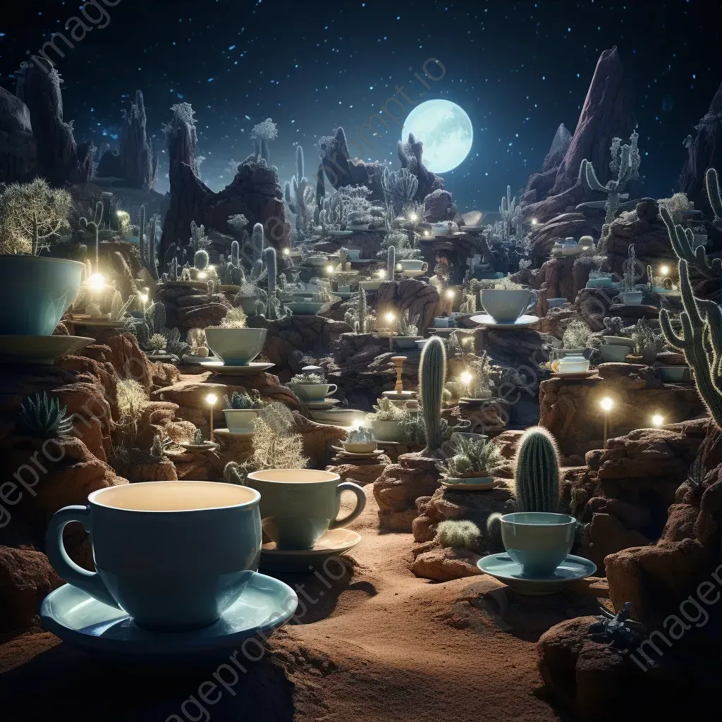 Surreal desert landscape with mist and floating teacups under starry sky - Image 3