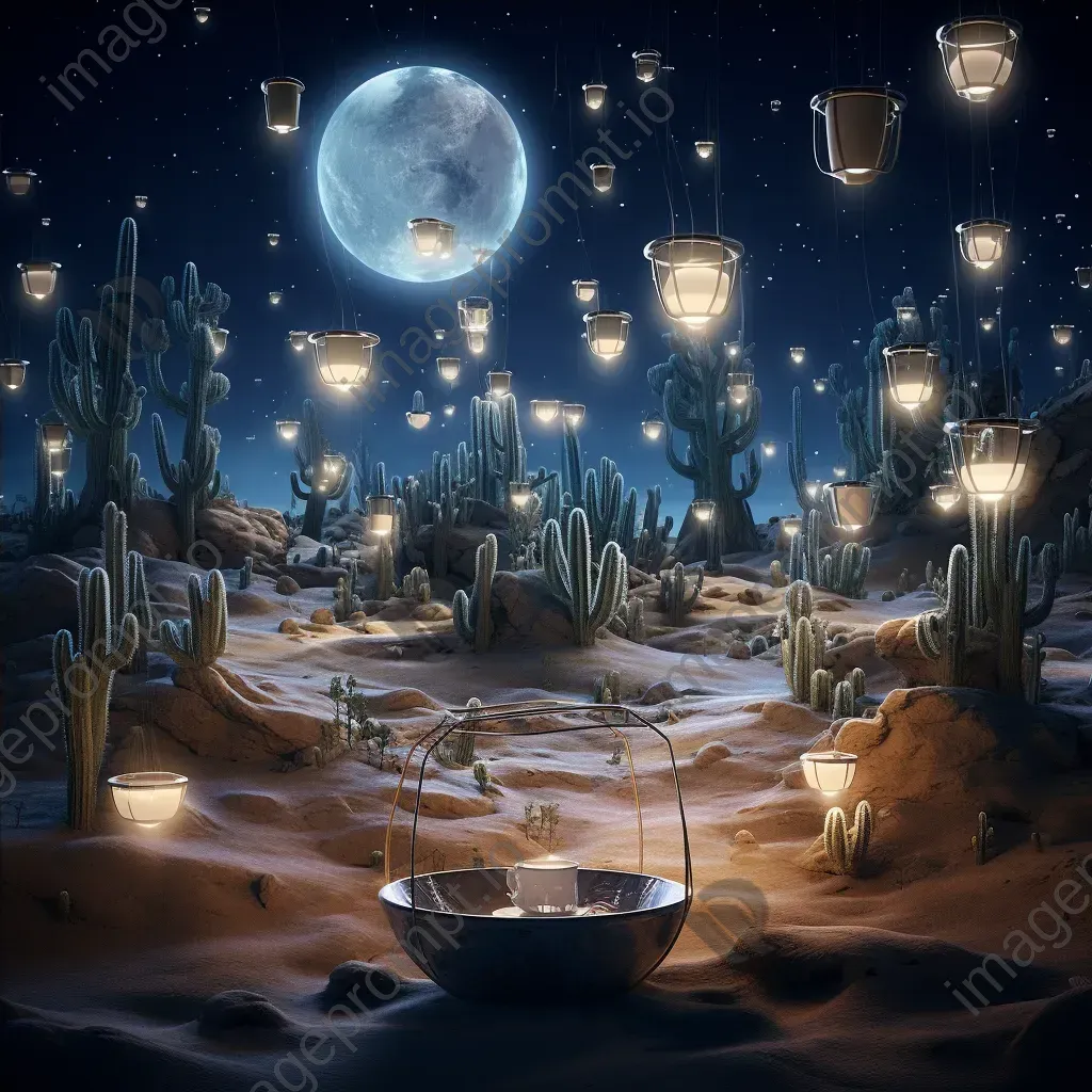 Surreal desert landscape with mist and floating teacups under starry sky - Image 4