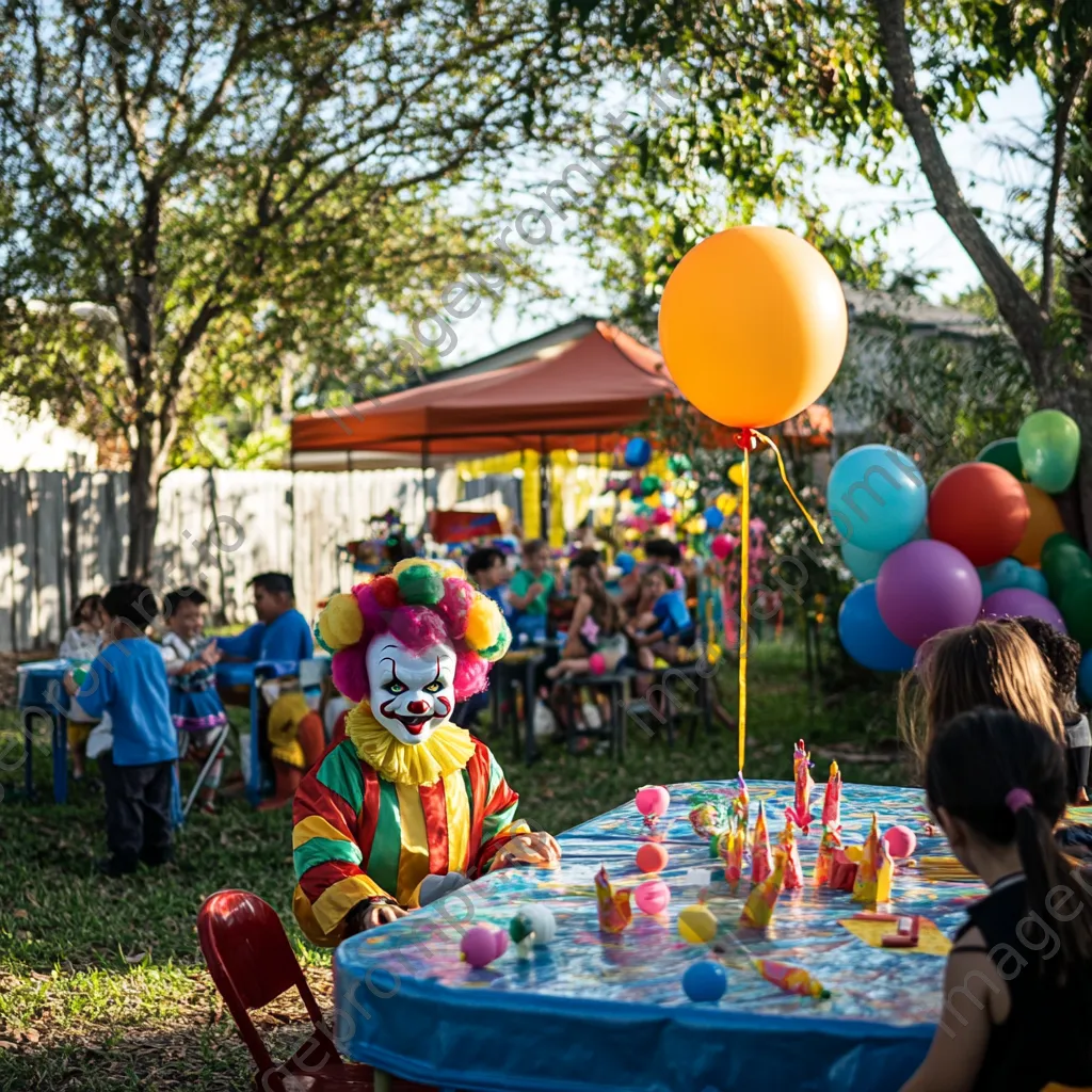 A colorful backyard birthday party with a clown entertaining children. - Image 1