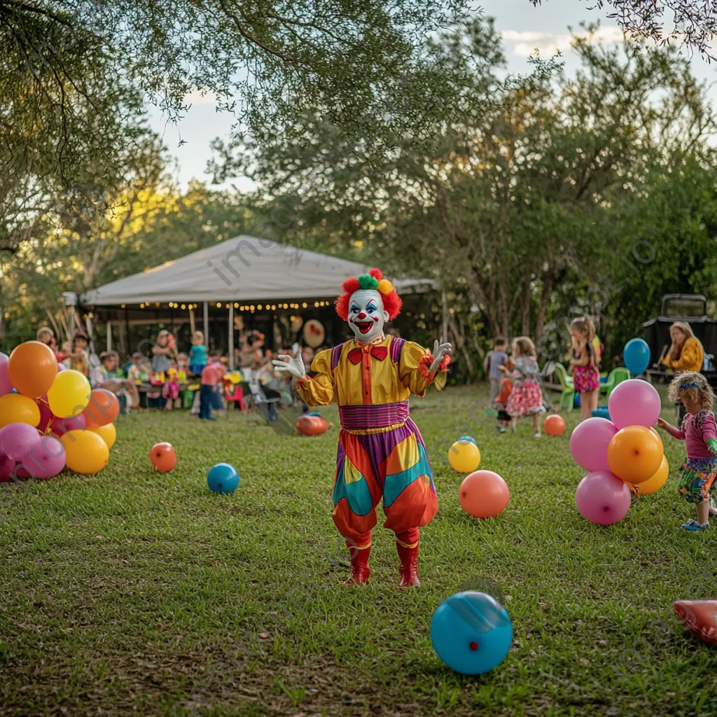 A colorful backyard birthday party with a clown entertaining children. - Image 4