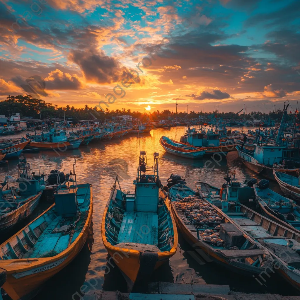 Vivid sunset at a fishing dock with colorful boats and fishermen working. - Image 1